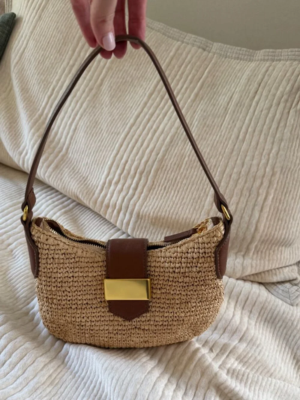 J.Crew Handknotted Straw Shoulder Bag Leather Gold Hardware NWT